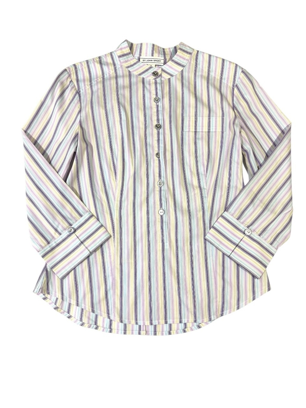 St John Sport Pastel Striped Mandarin Collar Button Up Shirt Blouse Petite P